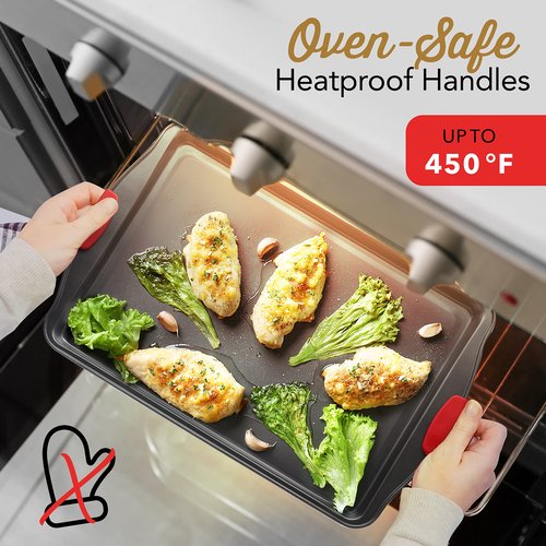Baking Sheet Set, 2-Piece Large Cookie Sheet Set with Silicone Handles, Steel Baking Pan, Baking Sheets for Oven, BPA Free Nonstick Set, Half Sheet Pans, Black Baking Tray