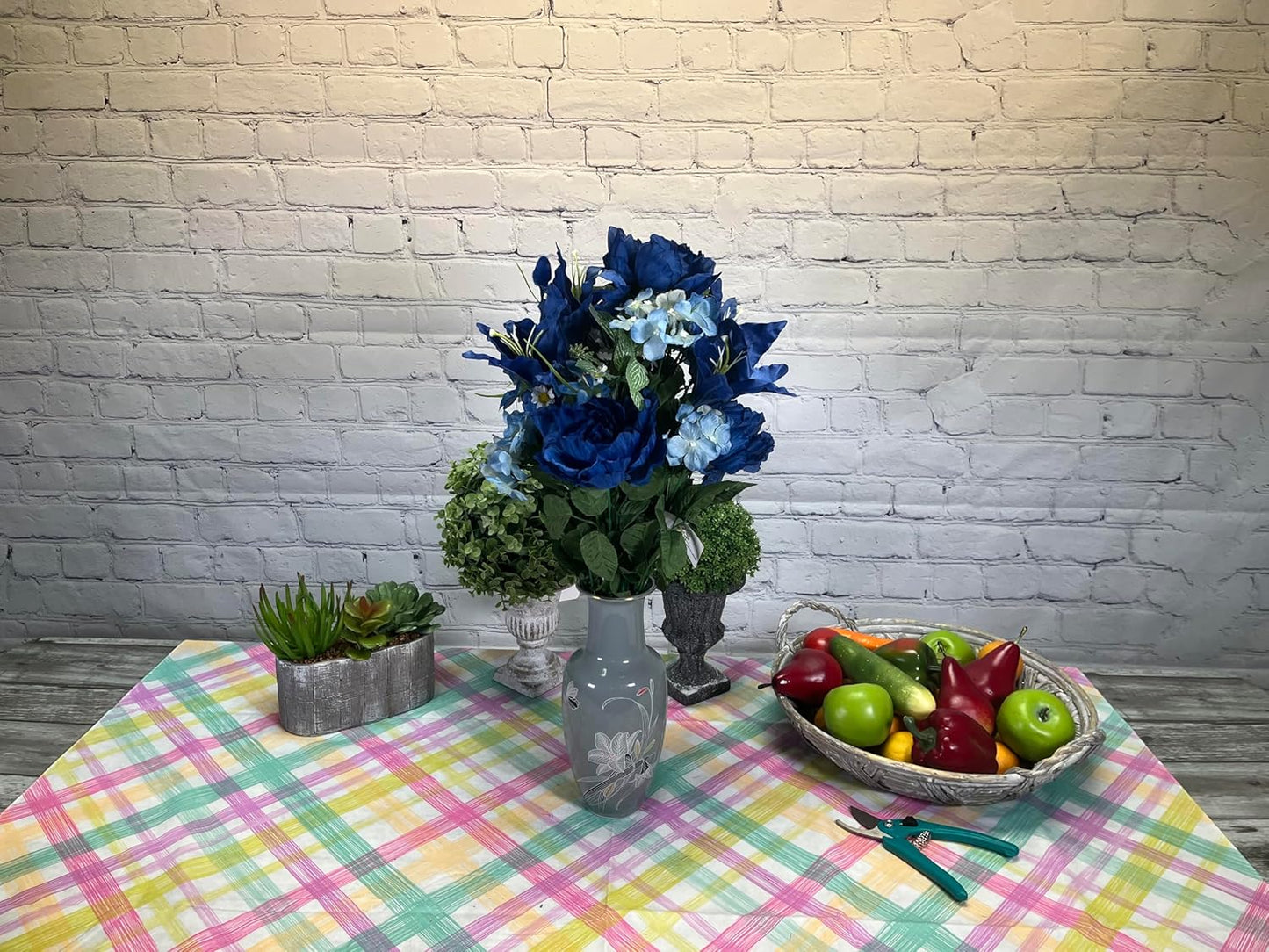 24-Stem Artificial Flower Arrangement - Mixed Roses & Carnations for Indoor/Outdoor Wedding & Home Decor - Spring Faux Flowers in Blue