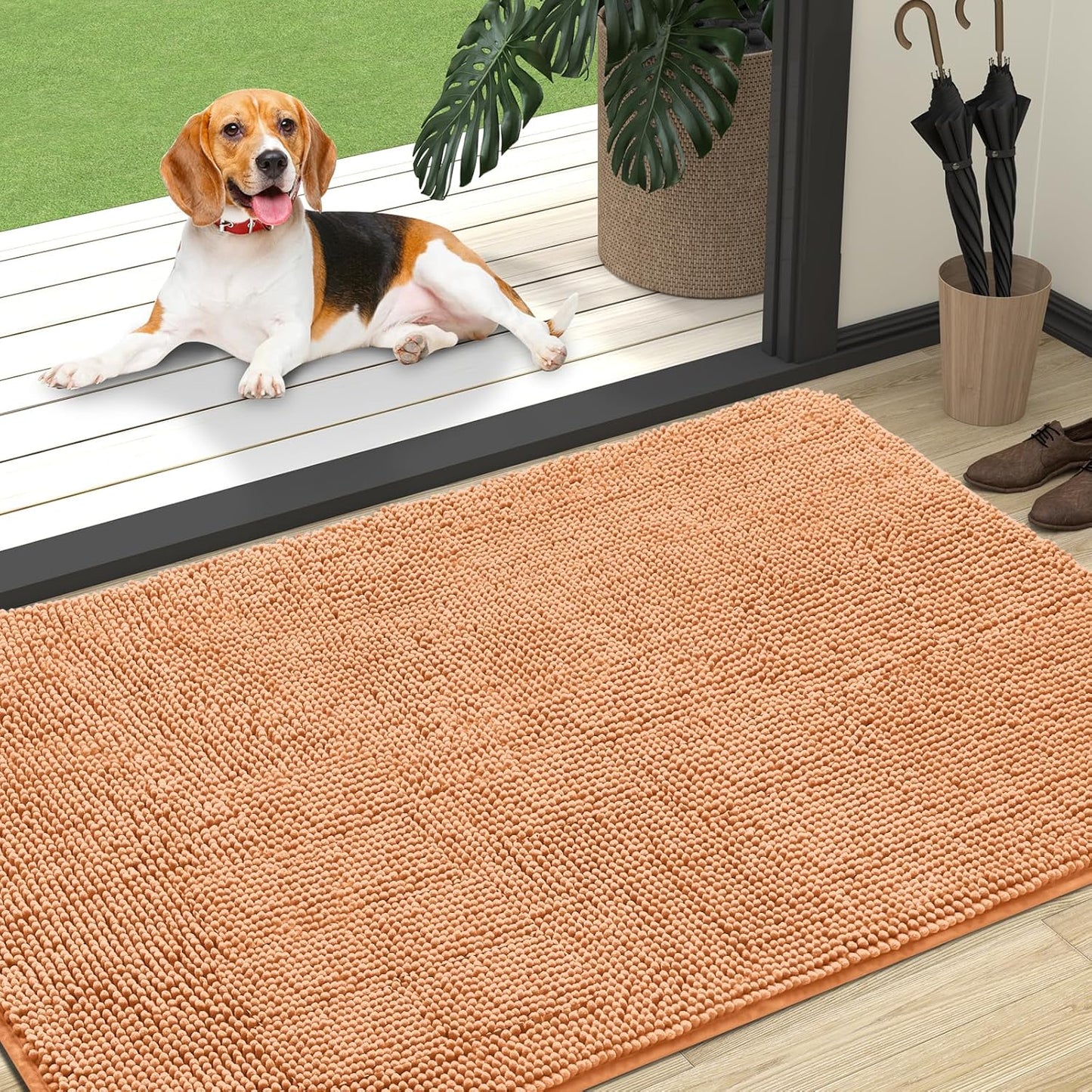 OLANLY Dog Door Mat - Absorbent Non-Slip Chenille Mat for Muddy Paws | 59x35 Inches, Quick Dry, Orange