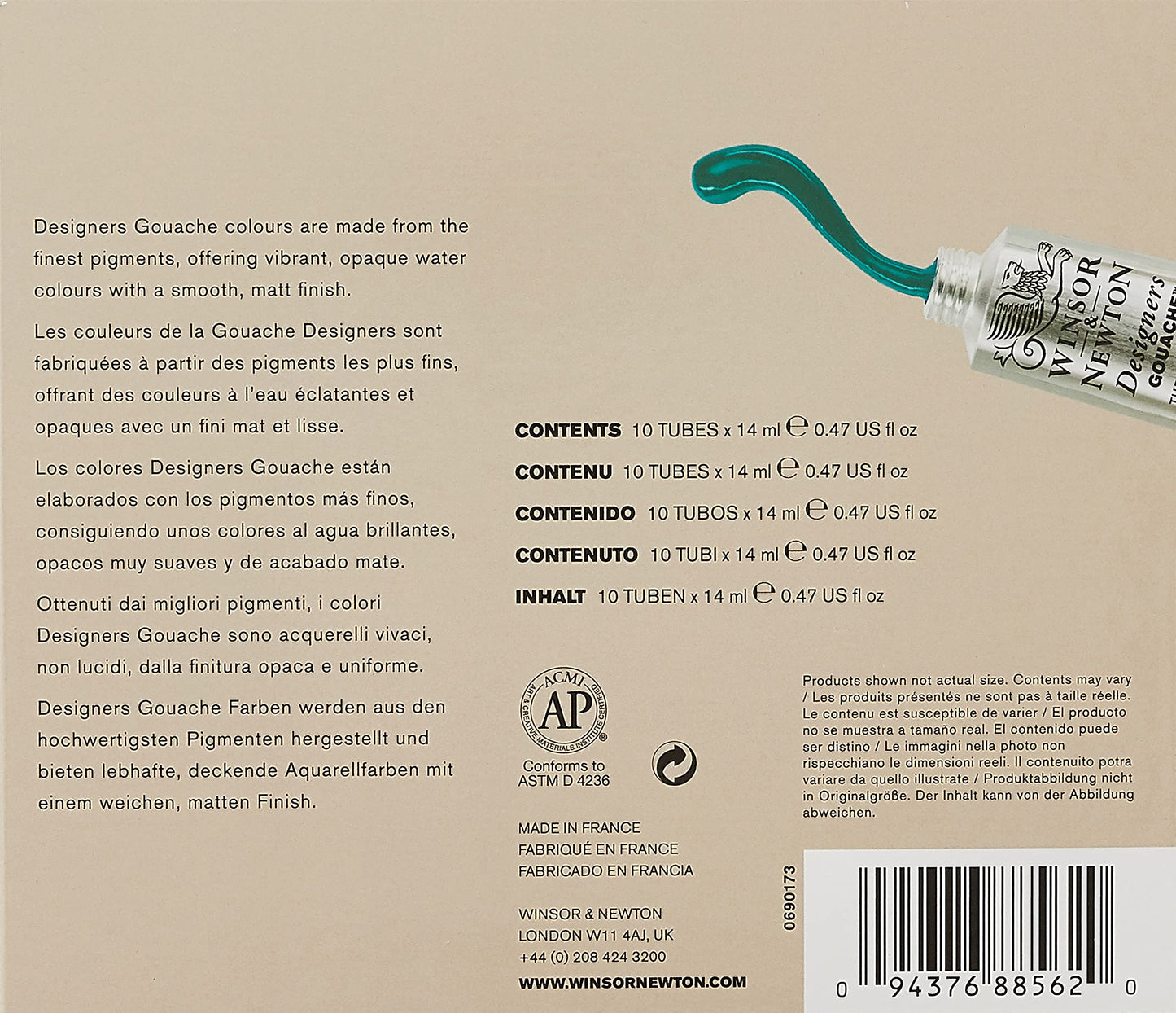 Winsor & Newton Designers' Gouache Introductory 10-Tube Paint Set, 14ml,Blue,green,ivory,white