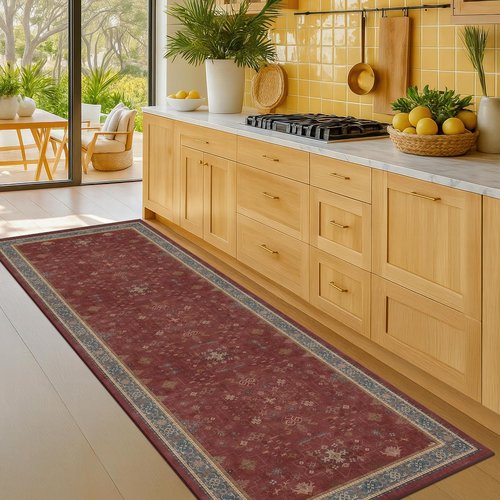 Boho 2x5 Non-Slip Kitchen Runner Rug - Washable Soft Floral Area Rug for Bedroom, Bathroom & Hallway (Dark Red)