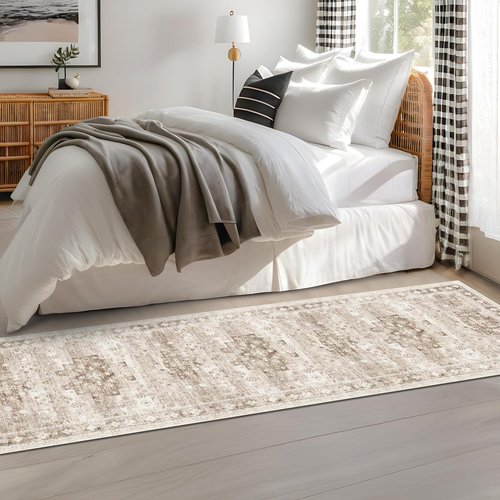**Regine Switzerland Boho 2x8 Long Runner Rug - Non-Slip Vintage Floral Design in Beige Latte**