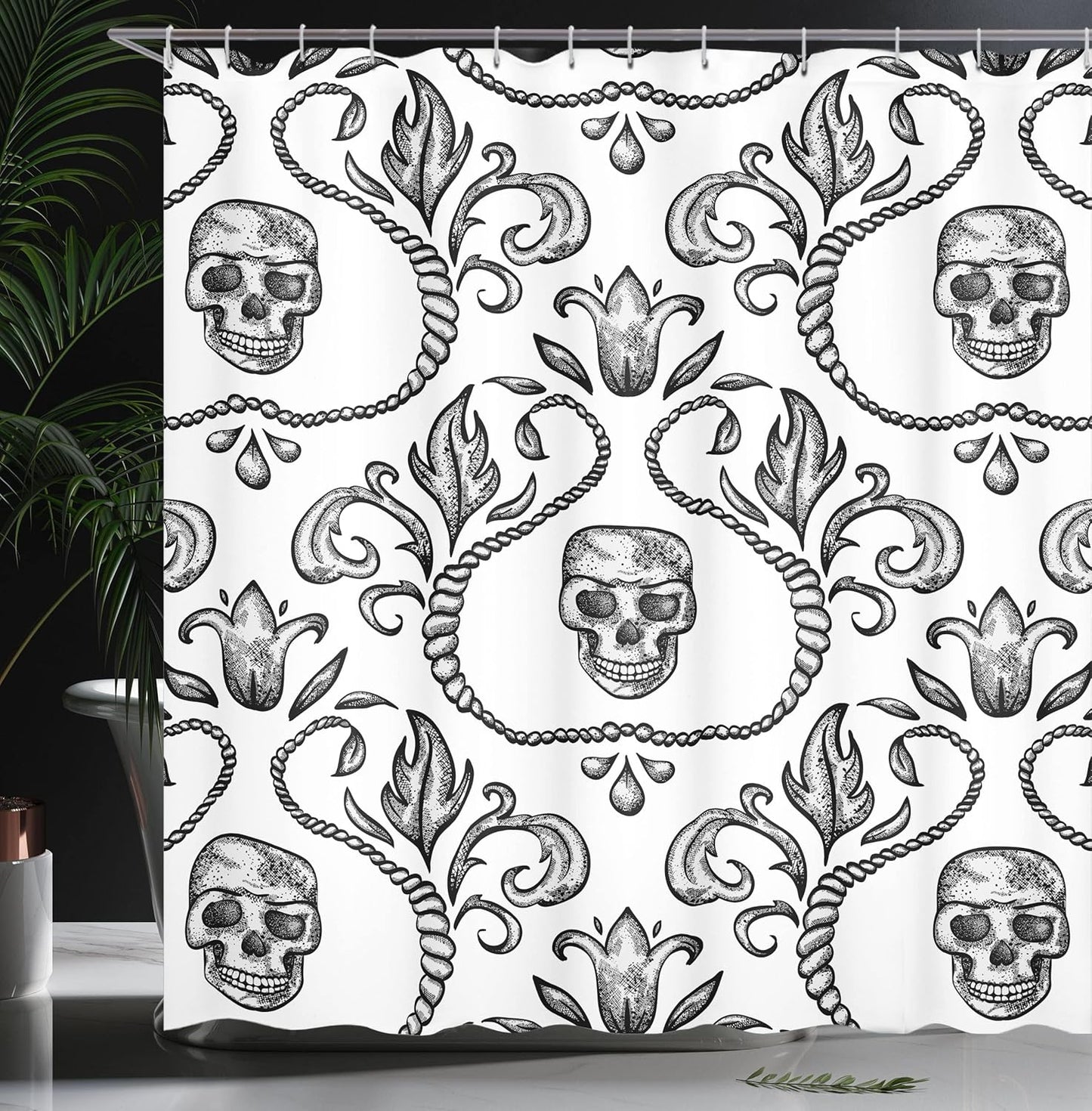 Gothic Skull Shower Curtain - Baroque Floral Design, 69" x 70", Bathroom Decor Set