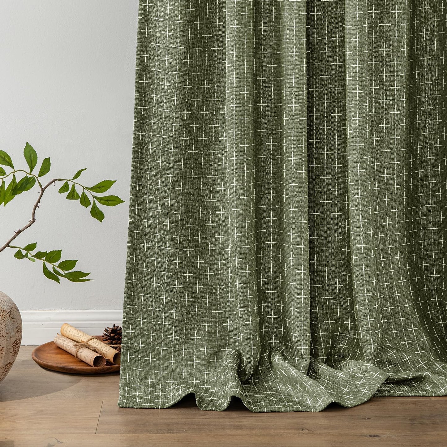 MIULEE Linen Curtains - Geometric Patterned Drapes for Living Room & Bedroom | 84-Inch Olive Green, 2 Panels Set