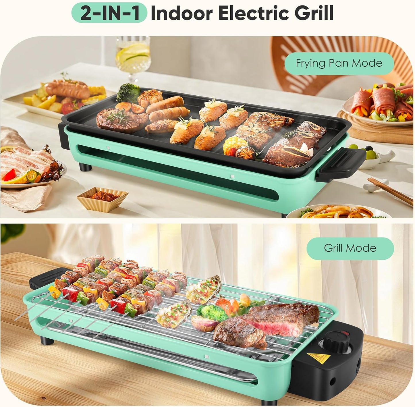 Electric Indoor Grill, 1500W Portable 2 in 1 Indoor Raclette Table Grill Korean BBQ Grill with Grill Net & Non-Stick Cooking Removable Plate, Adjustable Temperature Control, Dishwasher Safe