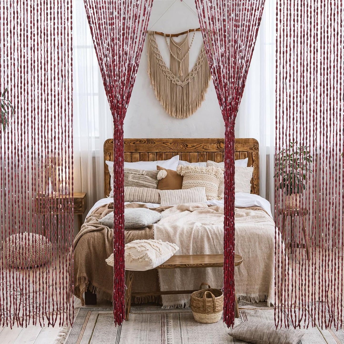 35.5" x 75" Bamboo and Wood Beaded Curtain for Doorway 52 Strands Handmade Bohemian Door Beads Curtain Boho Hanging Room Divider for Bedroom Living Home Deco, Beige