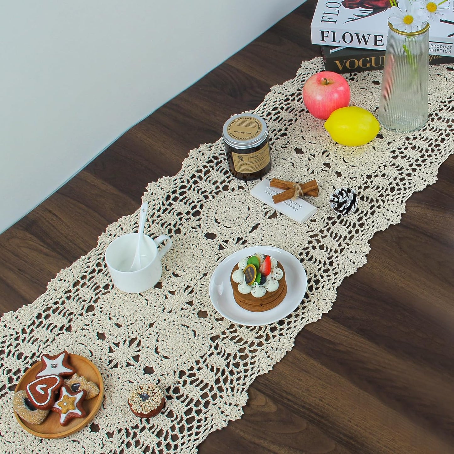 Handmade Crochet Cotton Lace Table Runner - 15 x 43 Inch Elegant Tablecloth