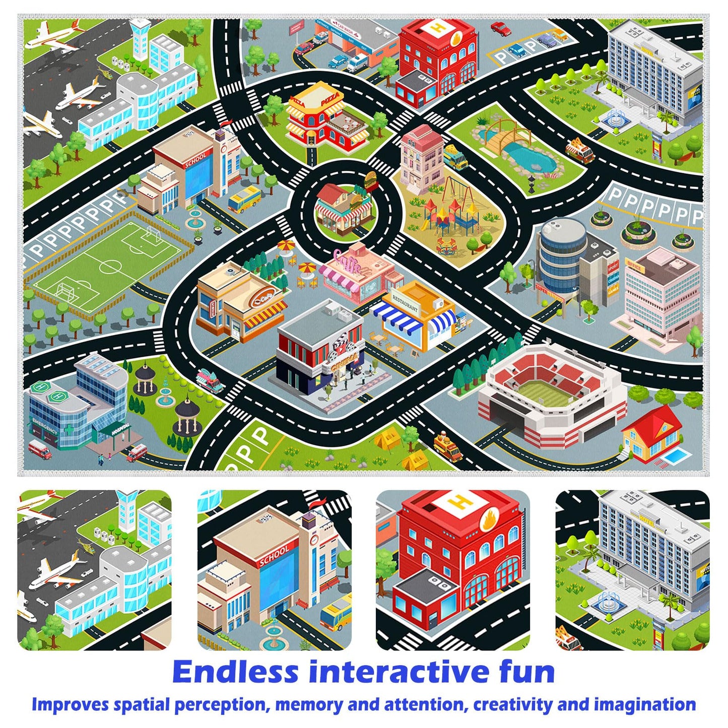 Kids Car Rug, Carpet Playmat for Toy Cars and Train, Road Traffic Play Mat for Kids, Play Area Rug with Non-Slip Backing, Ideal Gift for Children's Room playroom(4×6ft/47×71in)