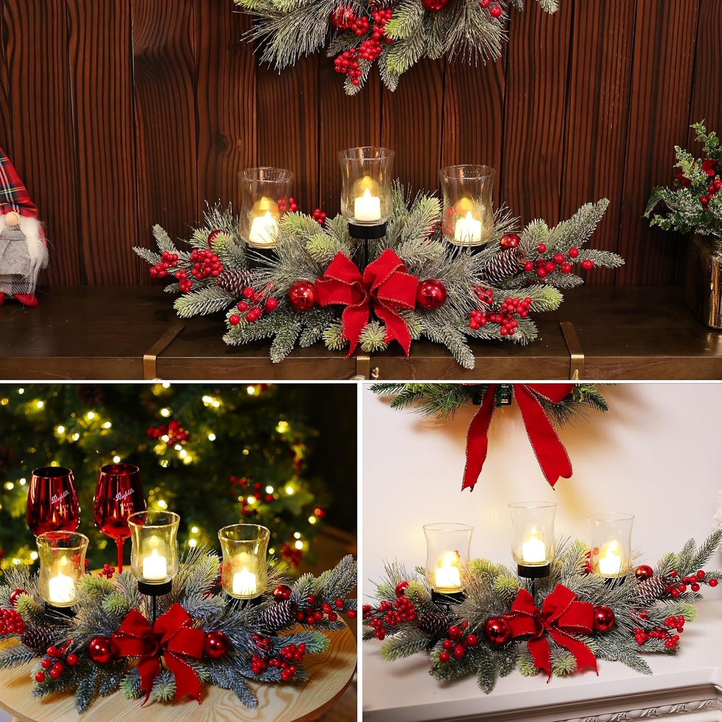 Regine Switzerland Red Christmas Table Centerpiece - Cedar Decoration with 3 Candlestick Glass Cups & Red Berries