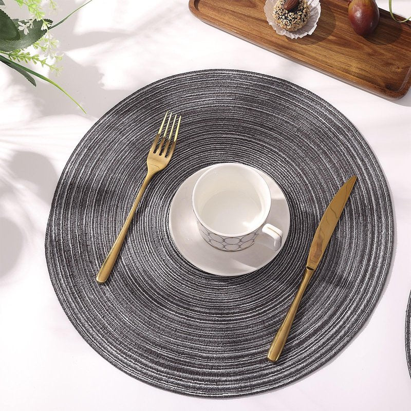 SHACOS Round Braided Placemats Set of 6 Round Table Mats 15 inch Cotton Washable for Holiday Party (Black Grey, 6)