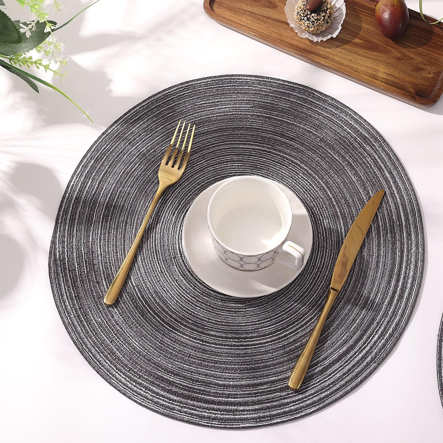 SHACOS Round Braided Placemats Set of 8 Round Table Mats for Dining Tables Non Slip Washable (Black Grey, 8)