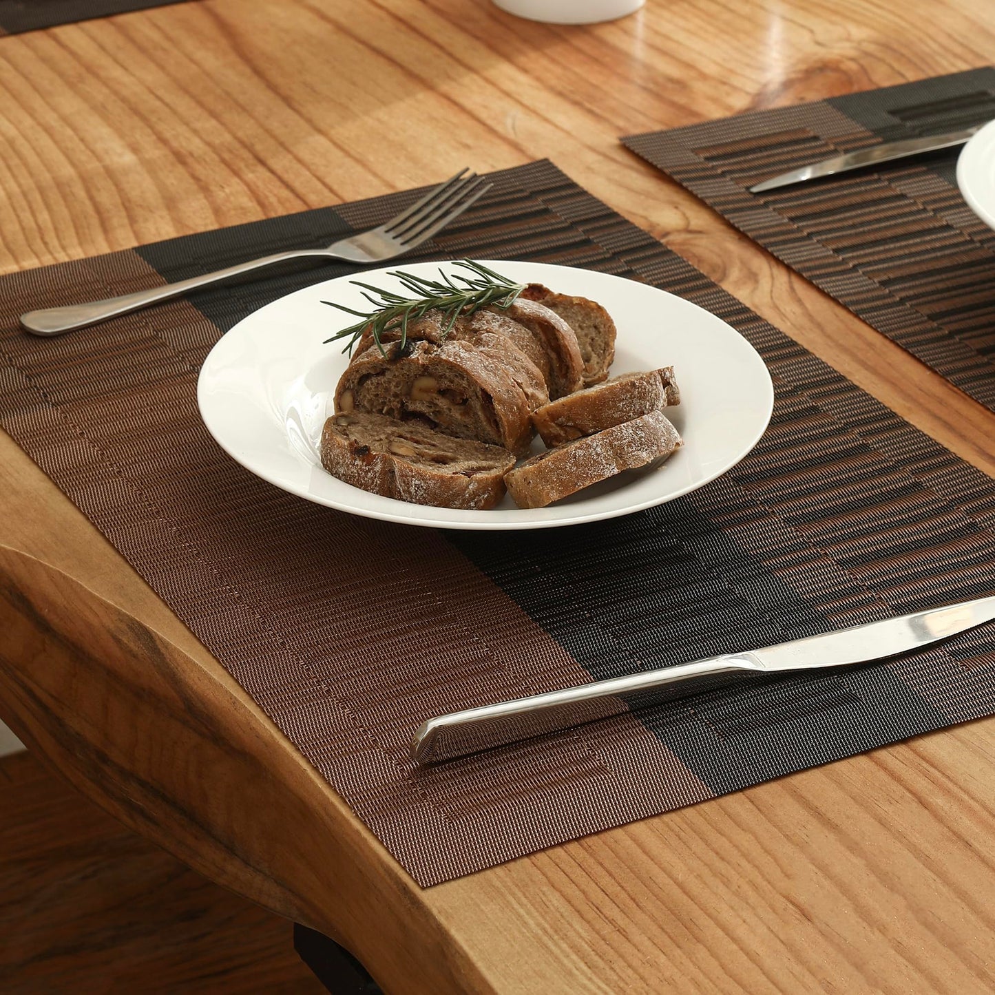 Leetaltree Brown with Black Striped Placemats Set of 8 - Heat Resistant Non-Slip Place mats for Dining Table, Washable Durable PVC Vinyl Woven Table Mats(Brown Stripe, 8)