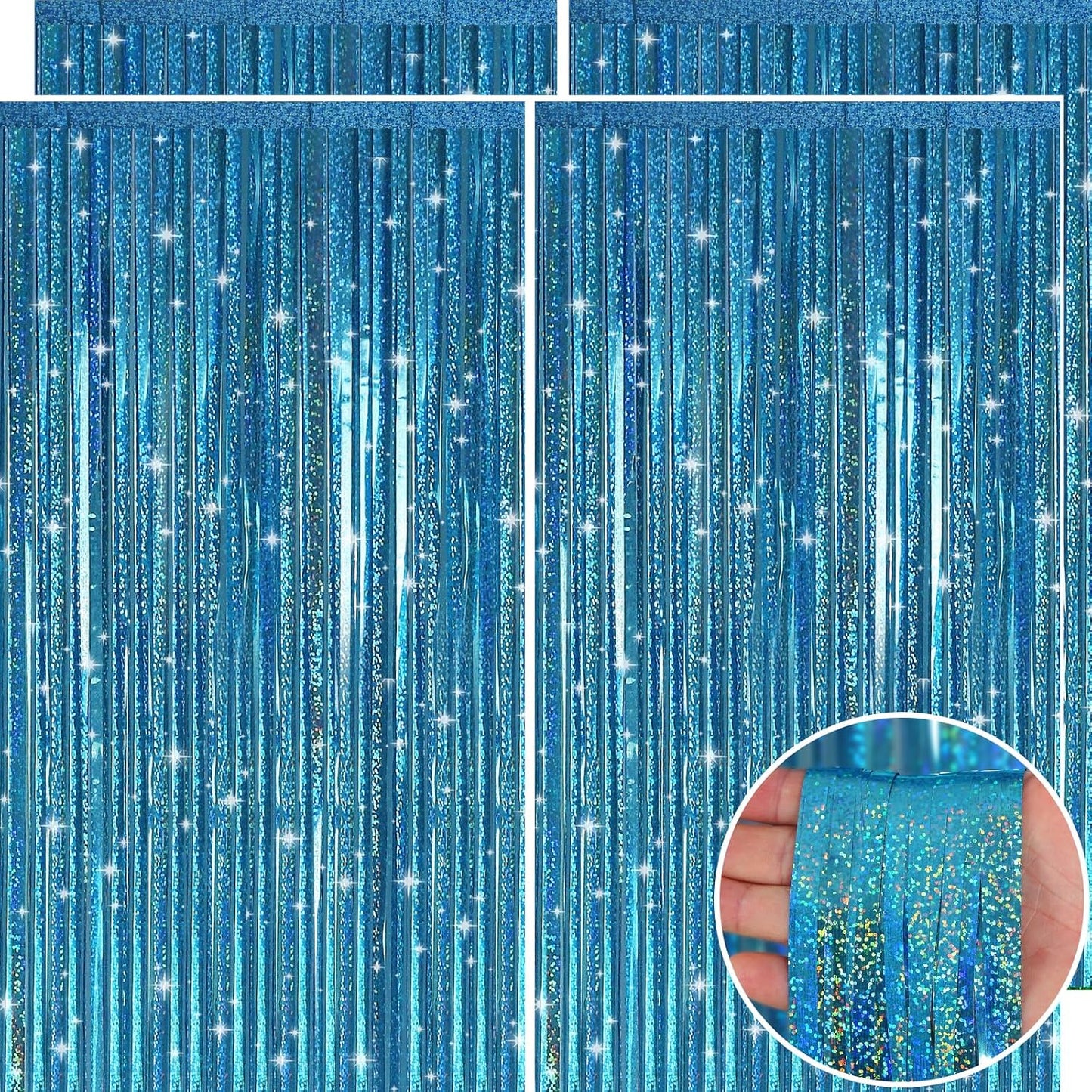 Picoway Blue Laser Foil Fringe Tinsel Backdrop Curtains - 4 Pack for Ocean-Themed Parties & Events