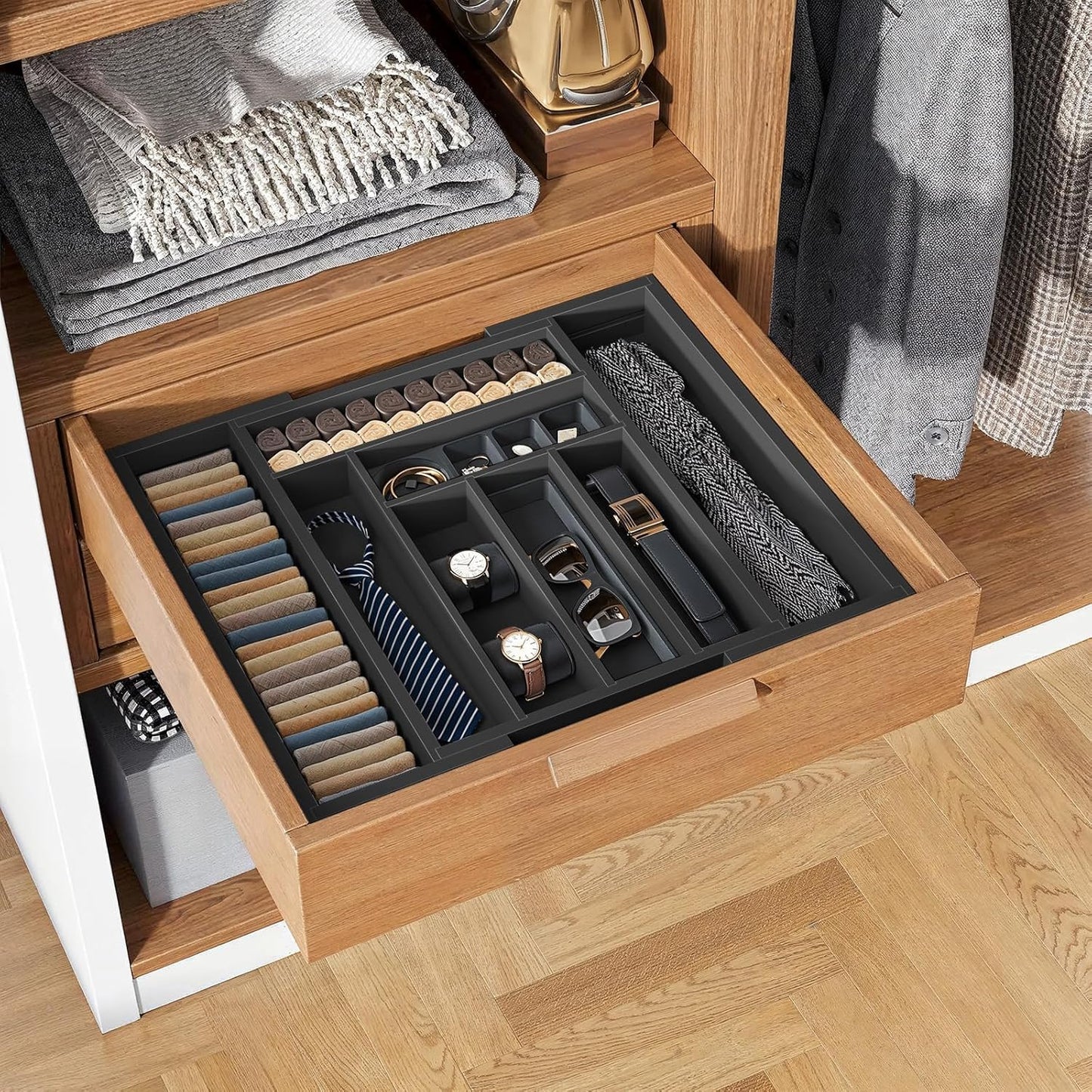 Pipishell Bamboo Drawer Organizer - Adjustable Utensil Holder & Cutlery Tray | Black Wood Dividers for Kitchen & Home