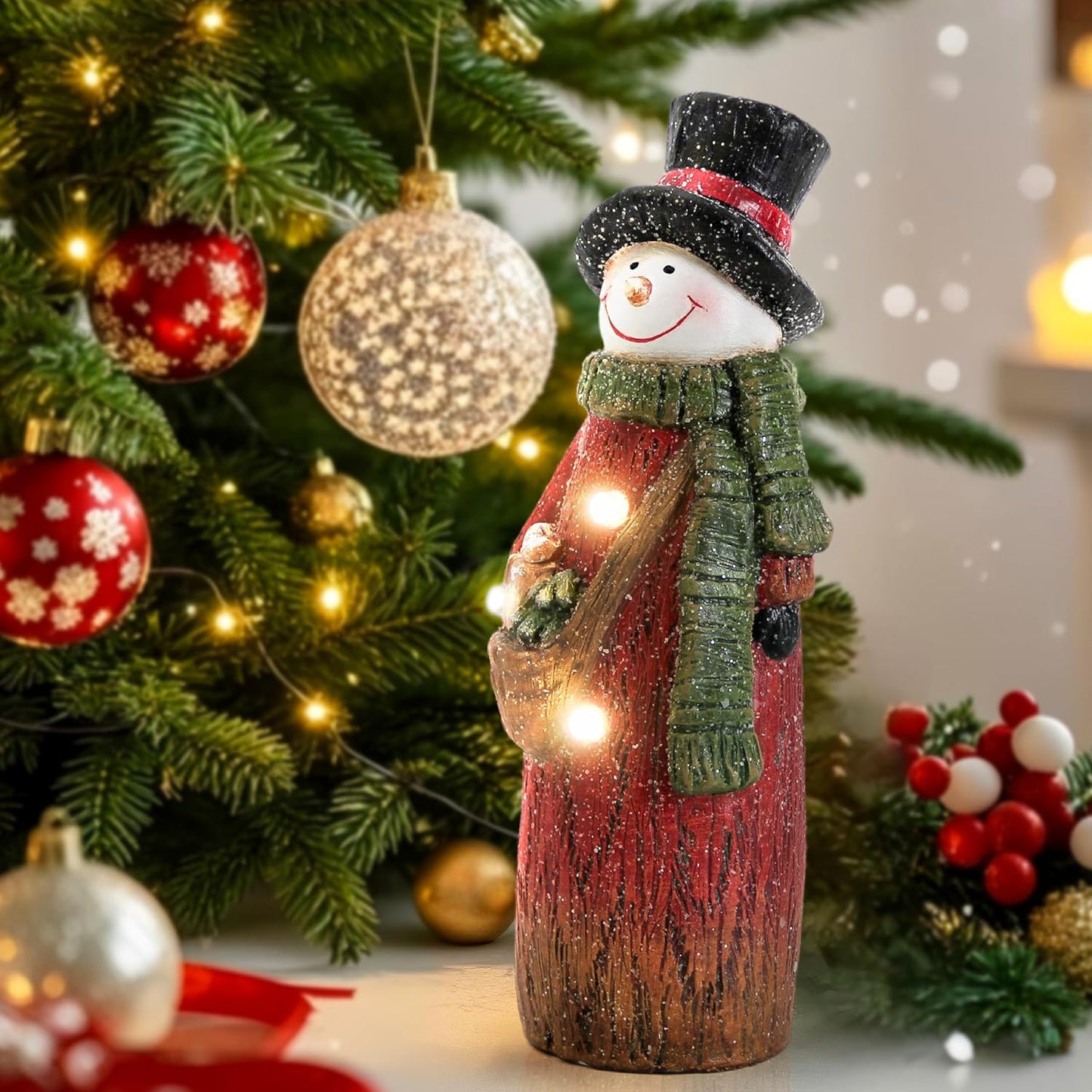 Smadeer Christmas Snowman Decoration - LED Light-Up Resin Figurine | 9.8 Inch Holiday Table Decor