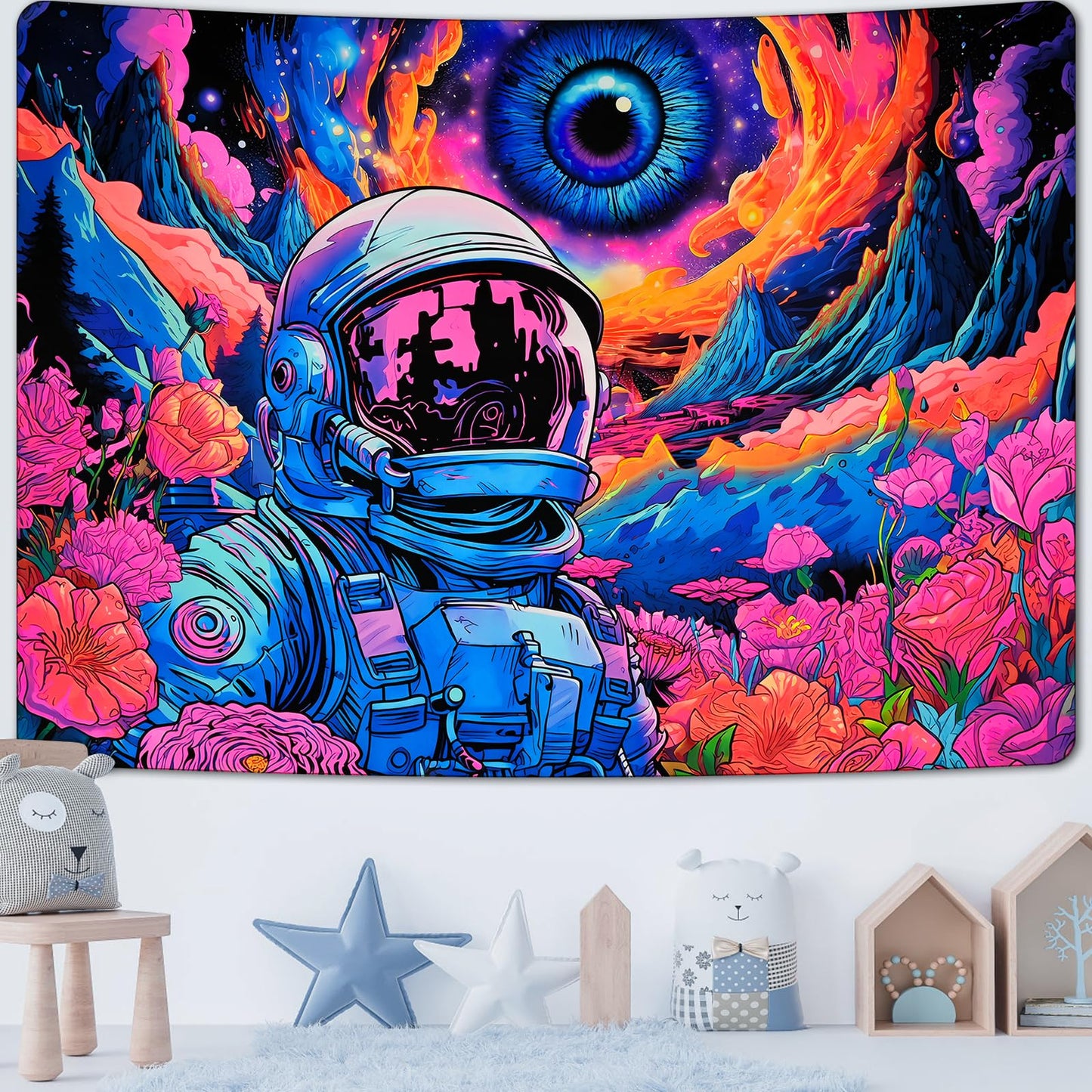 AtawLege Blacklight Astronaut Tapestry Hippie Eyes Tapestry UV Reactive Flowers Plants Tapestry Neon Galaxy Space Wall Hanging for Bedroom (70.9 x 92.5 inches)