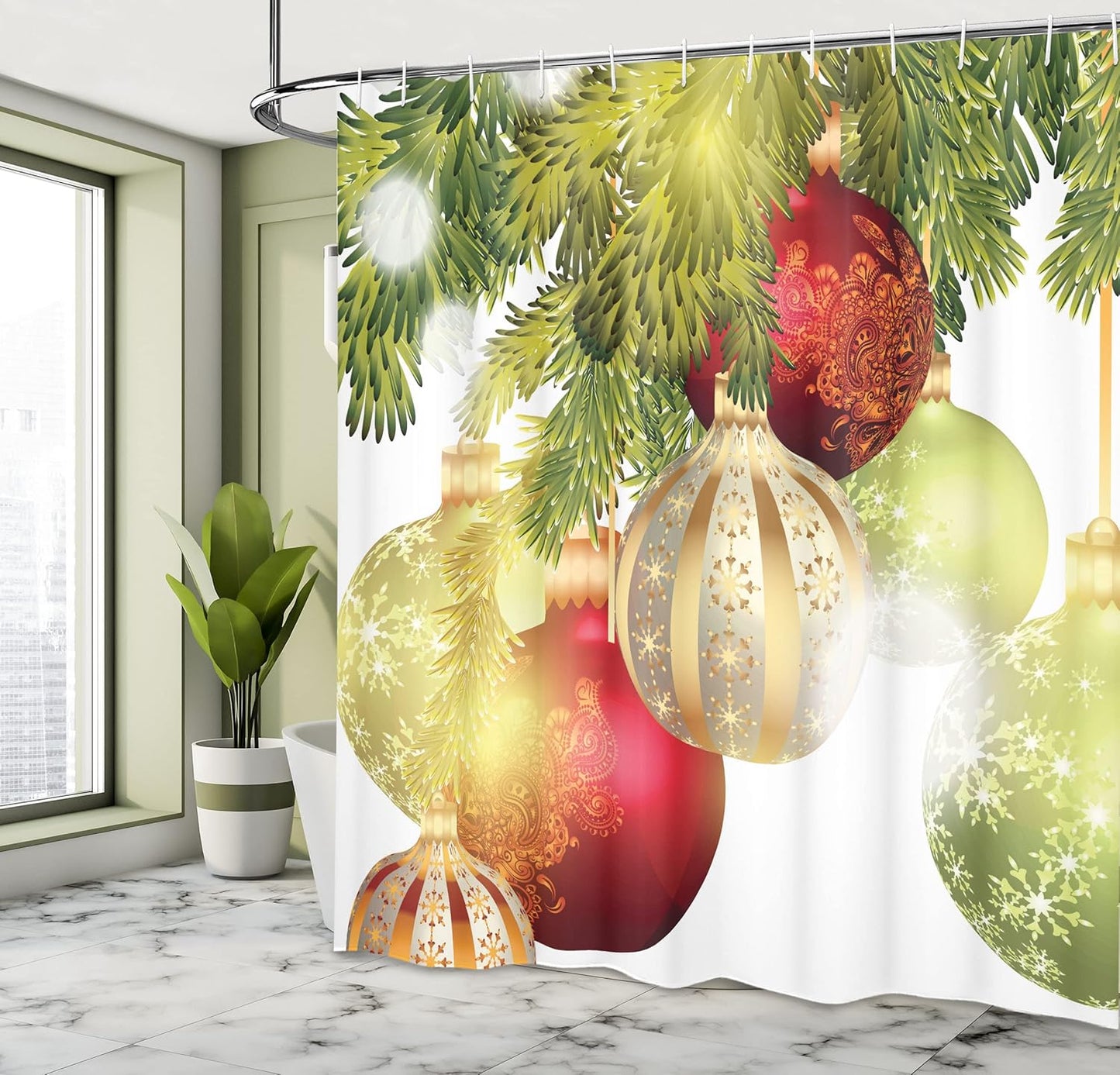 Christmas Shower Curtain with Baubles Motif - Festive Winter Bathroom Decor, 69" x 70" with Hooks