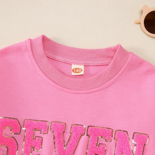 GLIGLITTR Toddler Baby Girls Birthday Outfit 2nd 3rd 4th 5th 6th 7th Bday Party Sweatshirt Chenille Patch Long Sleeve Shirt(Pink,7Years)