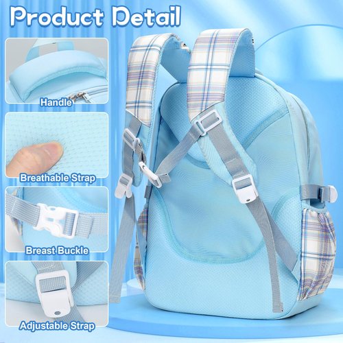 Ensccant Backpack for Girls with 14Pcs Accessories - Anime Schoolbag Cartoon Backpack Laptop Bookbags Anti-Theft Travel Aesthetic New Semester Gifts Bag with Pins,ID Badge Holder,Stationery - Blue