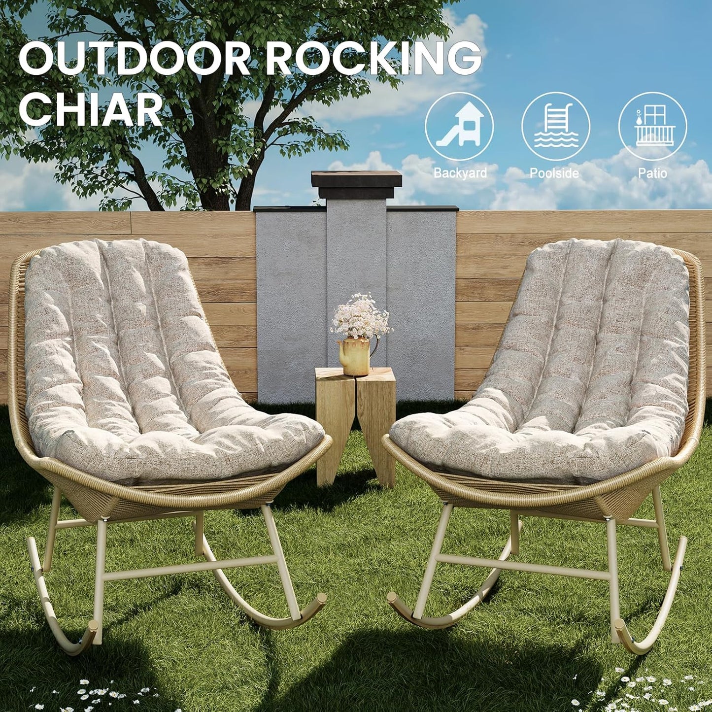 SWITTE Outdoor Rattan Rocking Papasan Chair - Handwoven Wicker with Cushion | Indoor Patio Lounge Chair - Cream