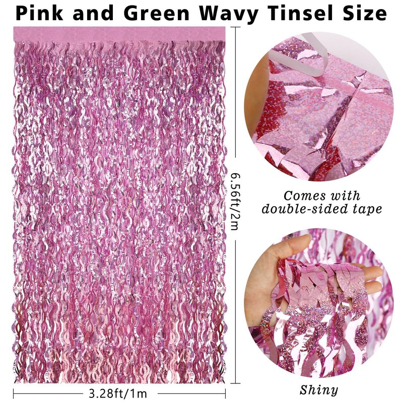 kaiolbly 6 Pack Pink and Green Foil Fringe Curtain, Wavy Photo Metallic Tinsel Background for Witch Birthday Party Decoration Bachelorette Wedding Streamer Backdrop Theme Supplies