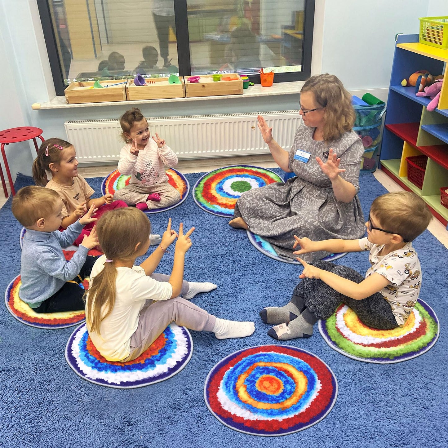HiiARug Carpet Circles Kids Rug 16Inch Rainbow Crazy Carpet Circle Seats Preschool Classroom Accessories 12pcs Round Flexible Seats Group Activity Spots Marker for Classroom Kindergarden Playroom