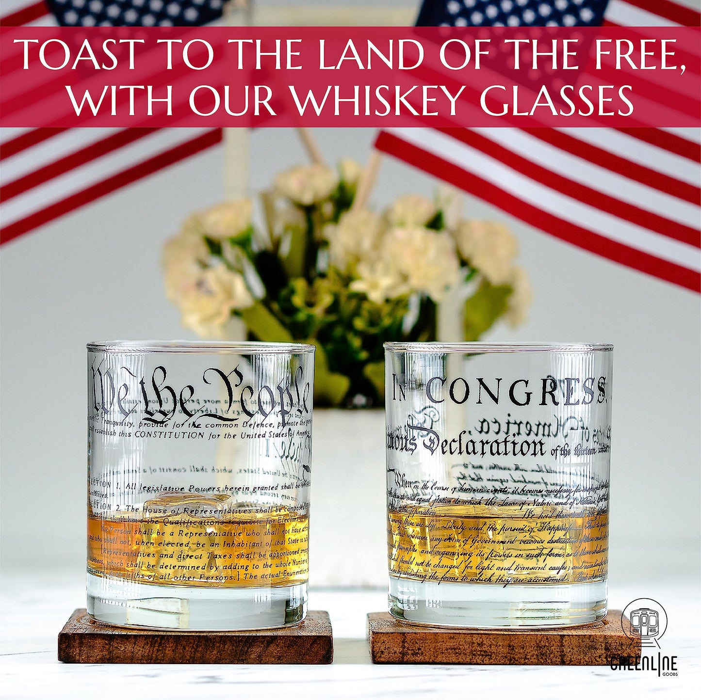 Greenline Goods Whiskey Glasses – United States Constitution + Declaration Glass (Set of 2) - 10 oz Tumblers - American US Patriotic Gift Set - Old Fashioned We The People Cocktail Glasses