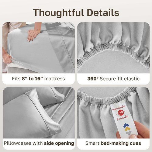California Design Den Queen Size Cotton Sheets Set - Silky Smooth 400 TC Sateen with Deep Pockets | Light Grey