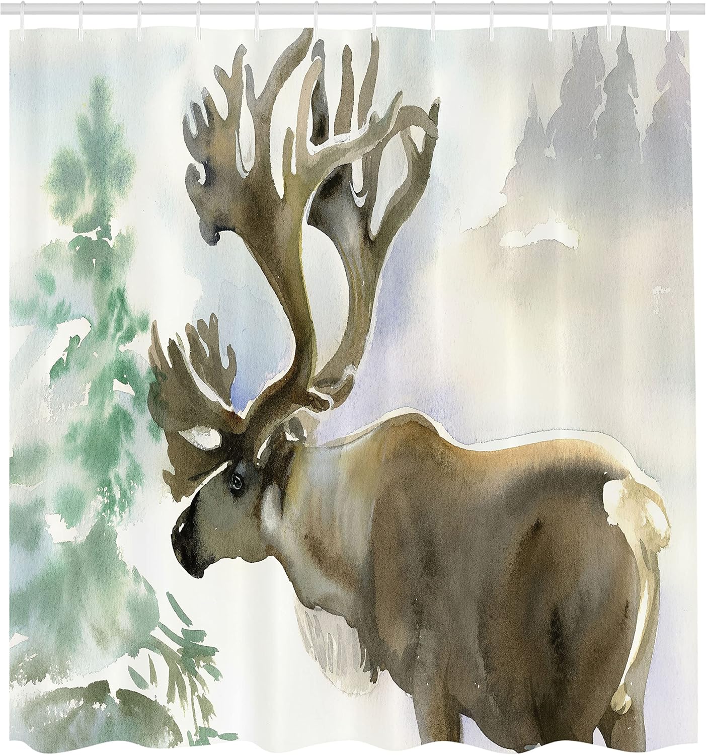Moose Antlers Shower Curtain - Winter Forest Wildlife Decor, 69" x 70", Christmas Theme