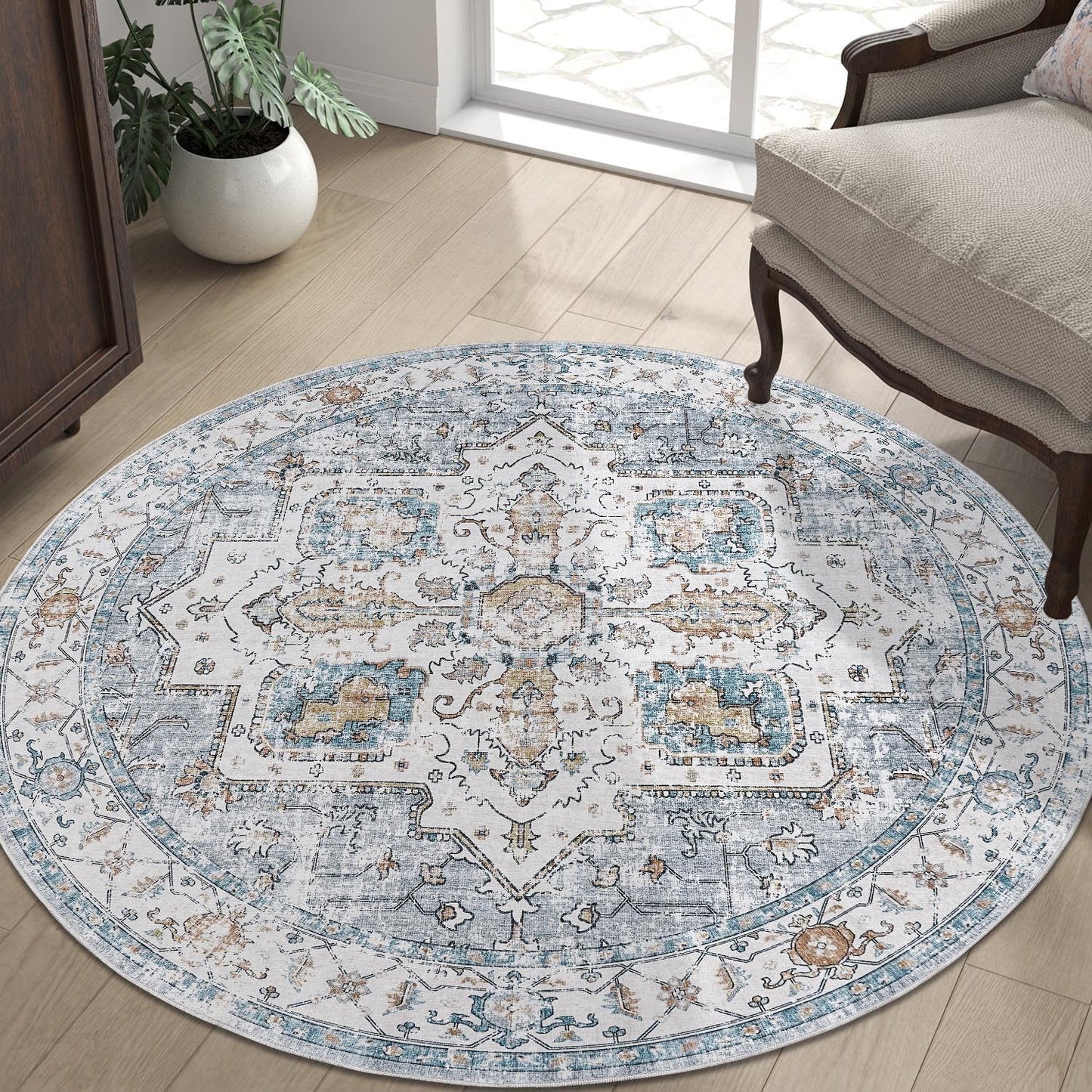 jinchan Round Rug 5ft Area Rug - Machine Washable 5'Circle Vintage Floral Non-Slip with Rubber Backing Ultra-Thin Low-Pile Carpet for Bedroom Living Room Dining Room Entryway (5'Round,Grey/Blue)