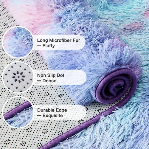 Andency 5x8 Shag Area Rug for Living Room, Tie-Dyed Unicorn Rainbow Soft Fuzzy Plush Indoor Carpets for Bedroom, Non Skid Fluffy Faux Fur Rug for Room