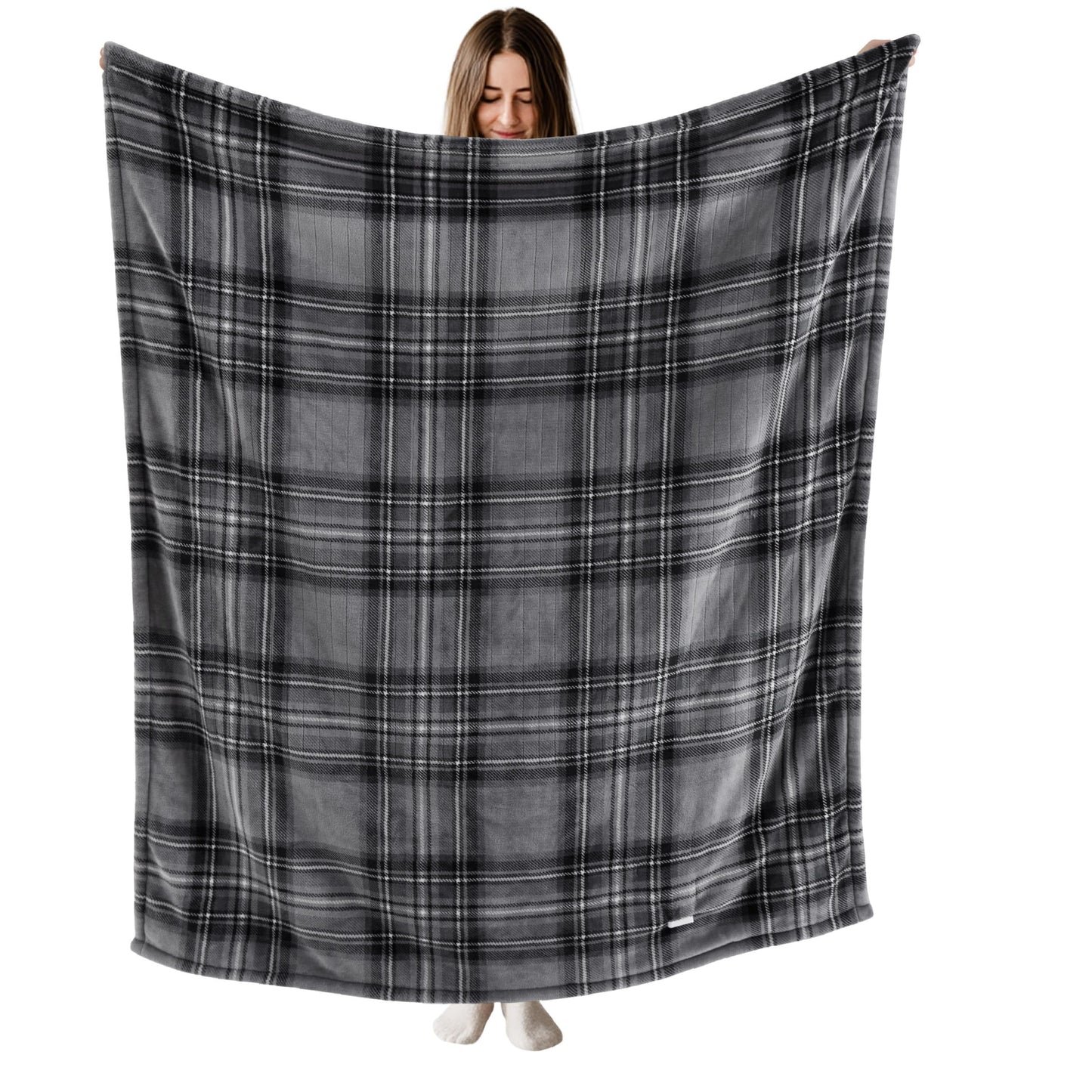 Bedsure Plaid Heated Throw Blanket - Flannel Sherpa Electric Blanket with Plaid Pattern, Heating with 6 Heating Levels, 4 Time Settings, 3-Hour Auto-Off, Warm Gifts for Grandma (Grey, 50"x60")