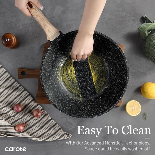 CAROTE Non-Stick Wok - 12'' Granite Stir-Fry Pan with Lid | 5.3QT Induction Cookware