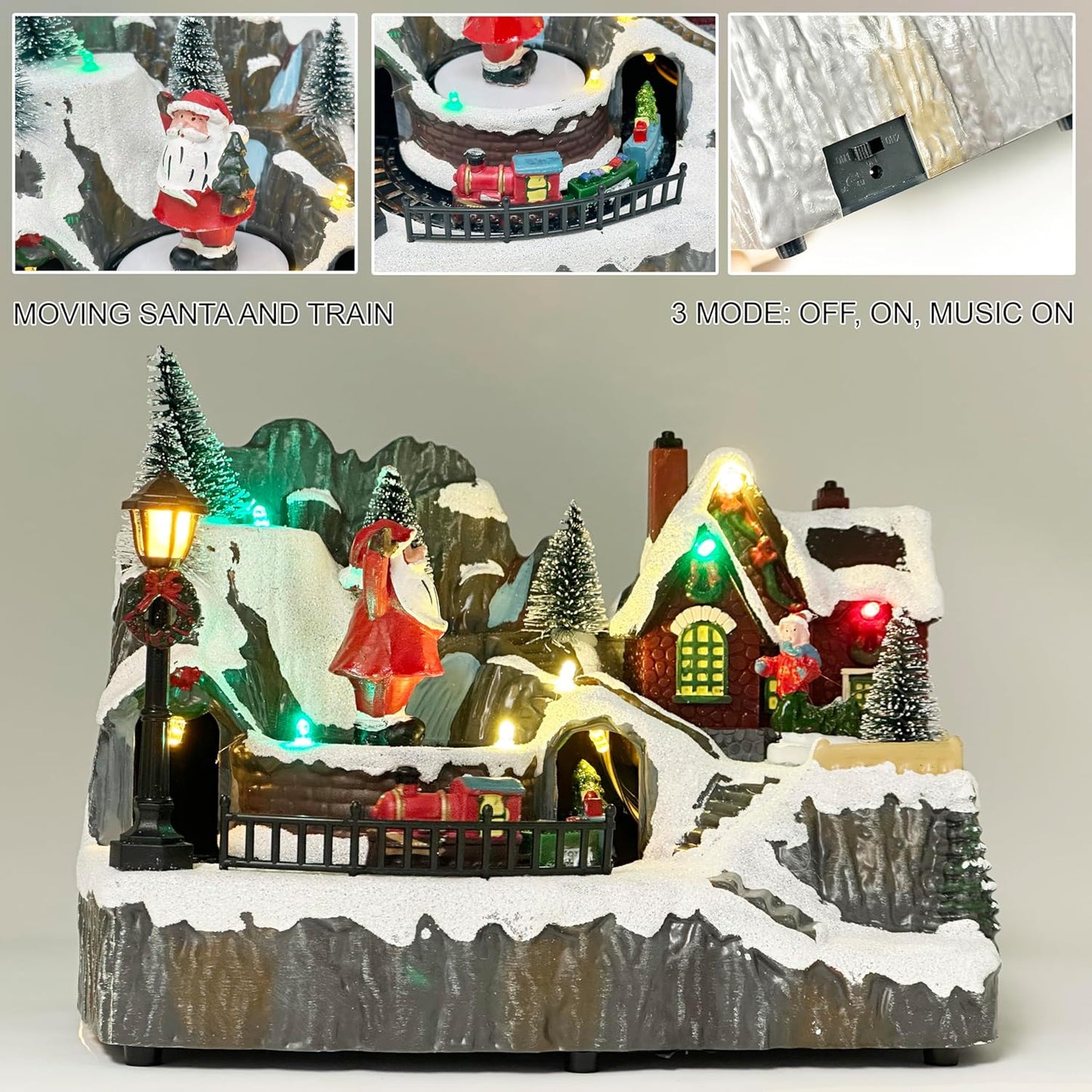 allgala Christmas Village House Crafted Polyresin Christmas House Collectable Figurine with USB and Battery Dual Power Source-Moving Train and Santa-XH93447