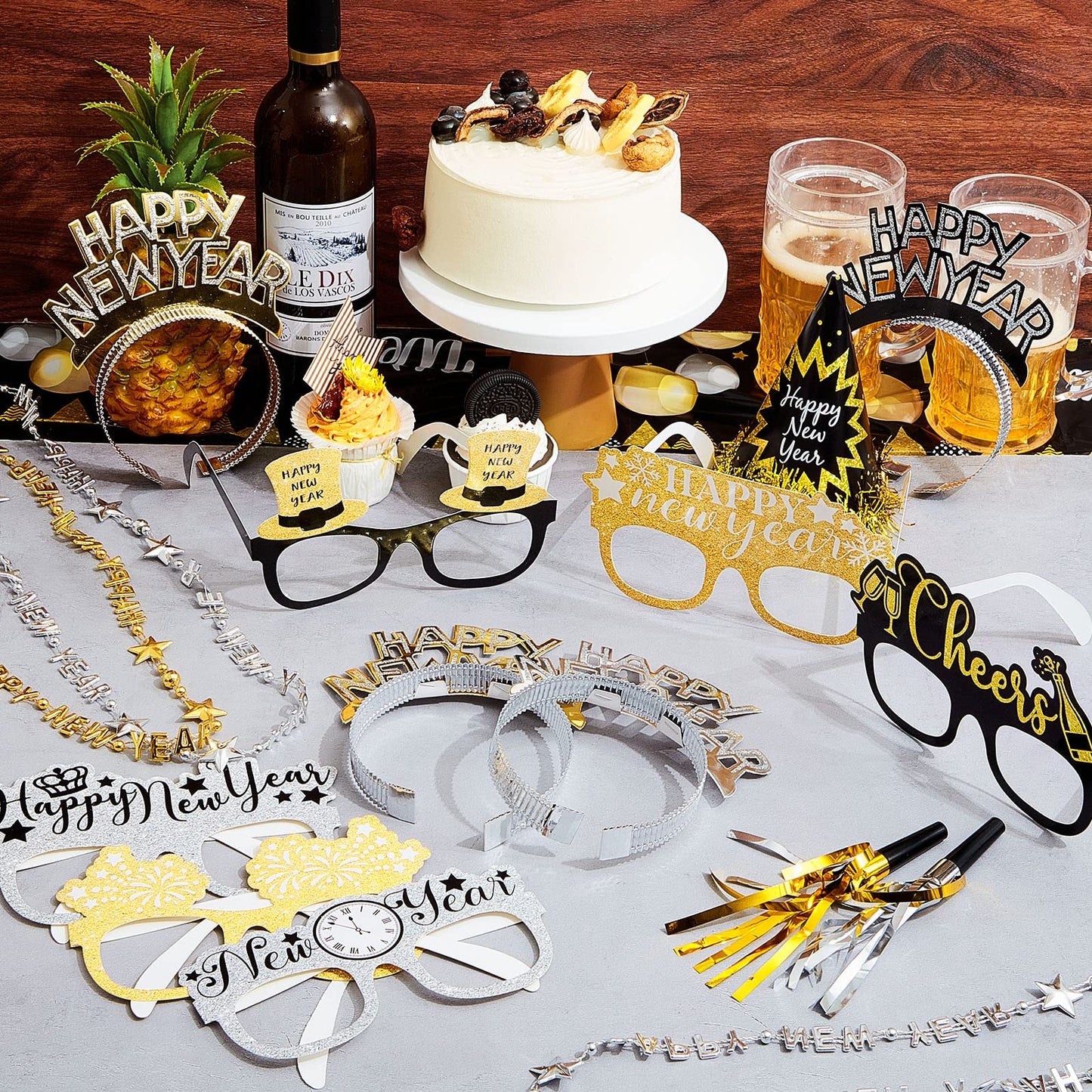 60 Pcs 2025 New Years Eve Party Supplies Decorations Kit Happy Headband Bulk Glasses Cone Hats Necklace Blowout for New Years Favor