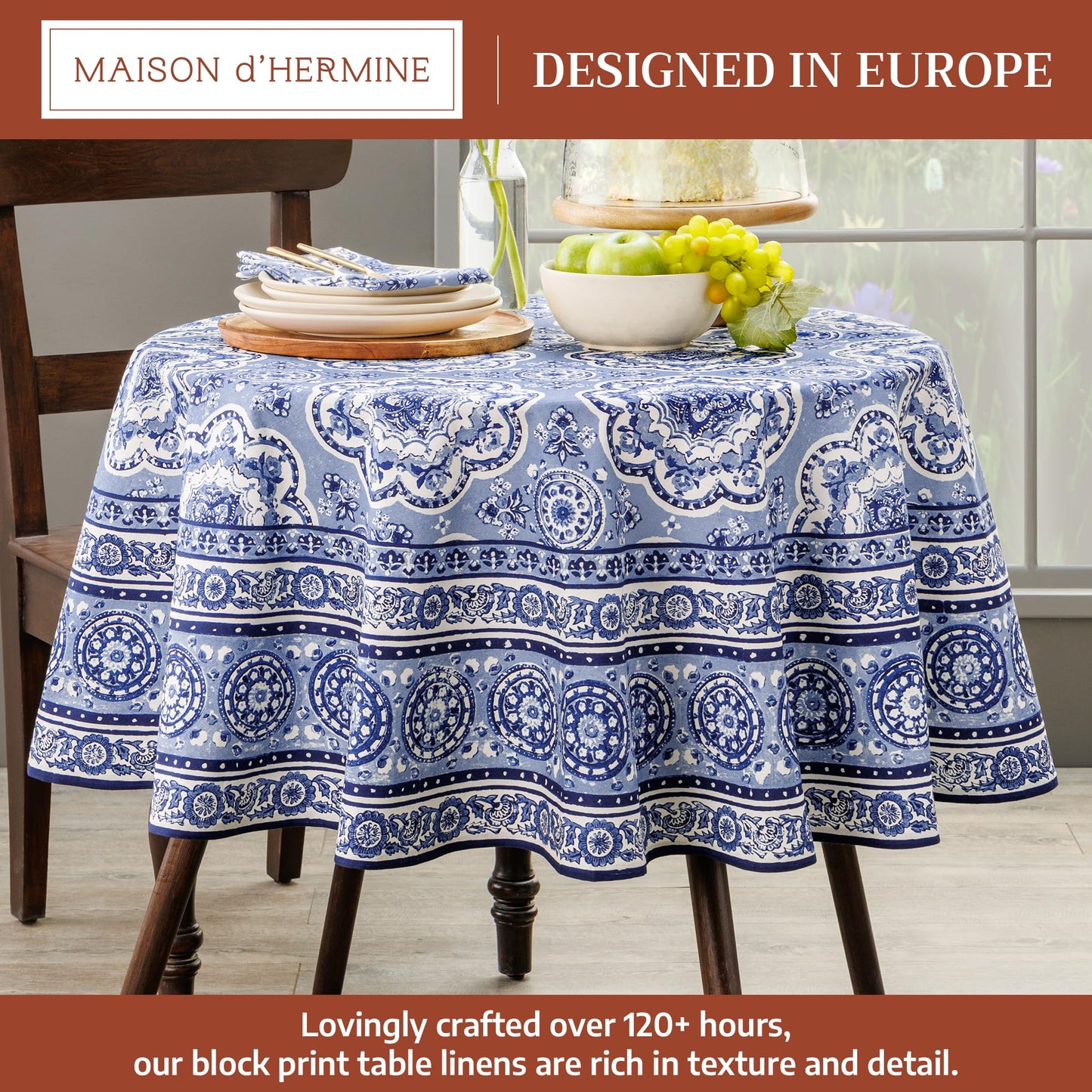 Maison d' Hermine Table Cloth Round Table 100% Cotton 69 Round Inches Tablecloth Reusable Decorative for Dining Kitchen Room Farmhouse Home Gifts for Mothers Day Spring Summer - Melodie Bleue