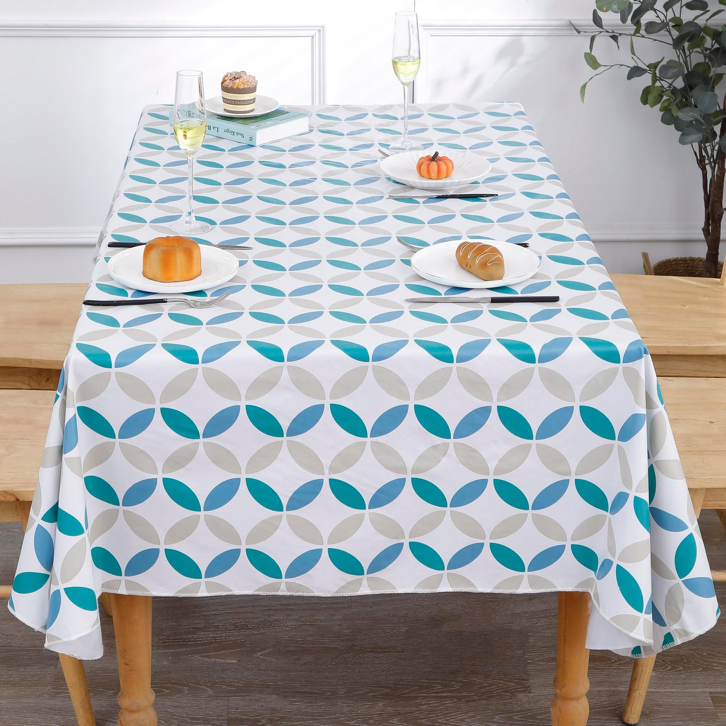 Walrus Heavy Duty Vinyl Tablecloth with Flannel Backing Waterproof Oil-Proof Plastic Table Cloth Stain-Resistant Wipeable Table Cover for Indoor and Outdoor (Geometric Leaf,52x70 Inch)