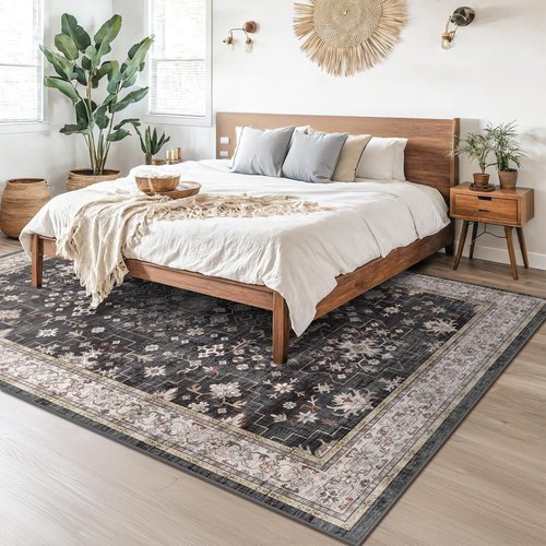 Black Farmhouse Area Rug - Washable 8x10 for Living Room, Bedroom & Dining Room | Stain Resistant & Non-Slip
