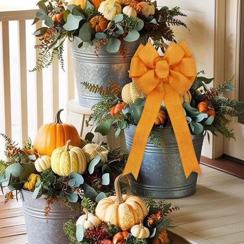 Autumn Wreath Bow - Orange Decorative Bow for Fall Harvest & Thanksgiving Decor | 10"x22"