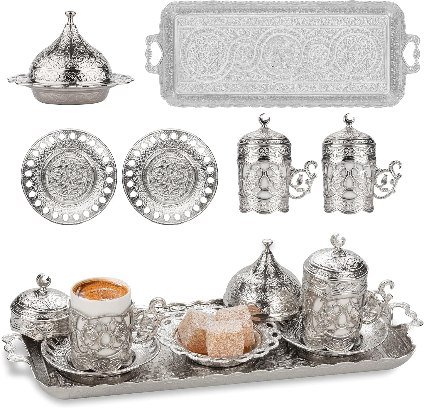 Alisveristime Ottoman Turkish Greek Arabic Espresso Coffee Cups with Saucer and Lid (Set of 2) (Hilal) (Silver)