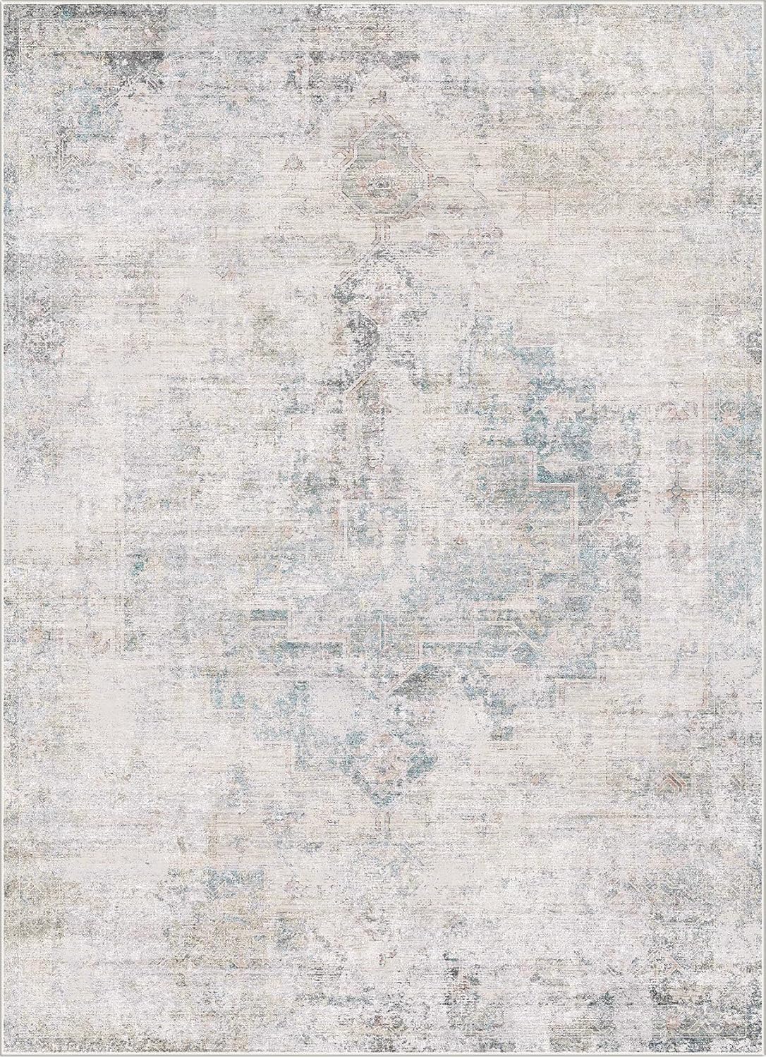 Regine Switzerland Low Pile Office Rugs - 5x7 Abstract Non-Slip Rugs for Living Room & Entryway, Cream Slate Blue