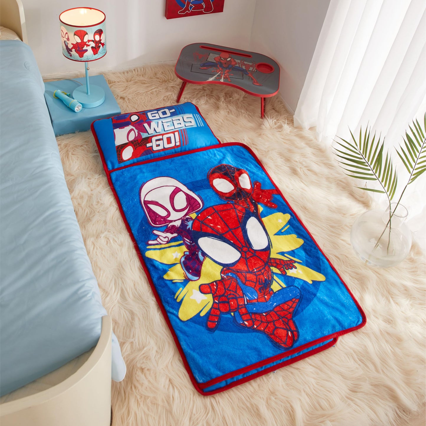 Idea Nuova Spidey and His Amazing Friends Toddler Quilted Nap Mat with Built in Blanket and Pillow, 20" Wx46 L, Spidey and Friends