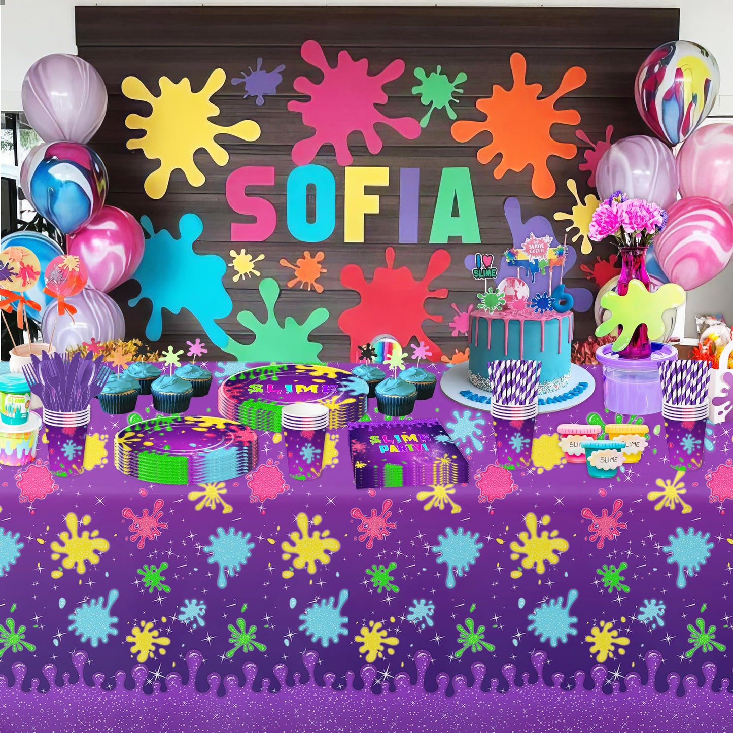 Suhelkit Slime Birthday Party Decorations Tableware - Slime Party Supplies, Plate, Cup, Napkin, Tablecloth, Cutlery, Purple Glitter Slime Splatter Splash Colorful Theme Table Decorations | Serve 24