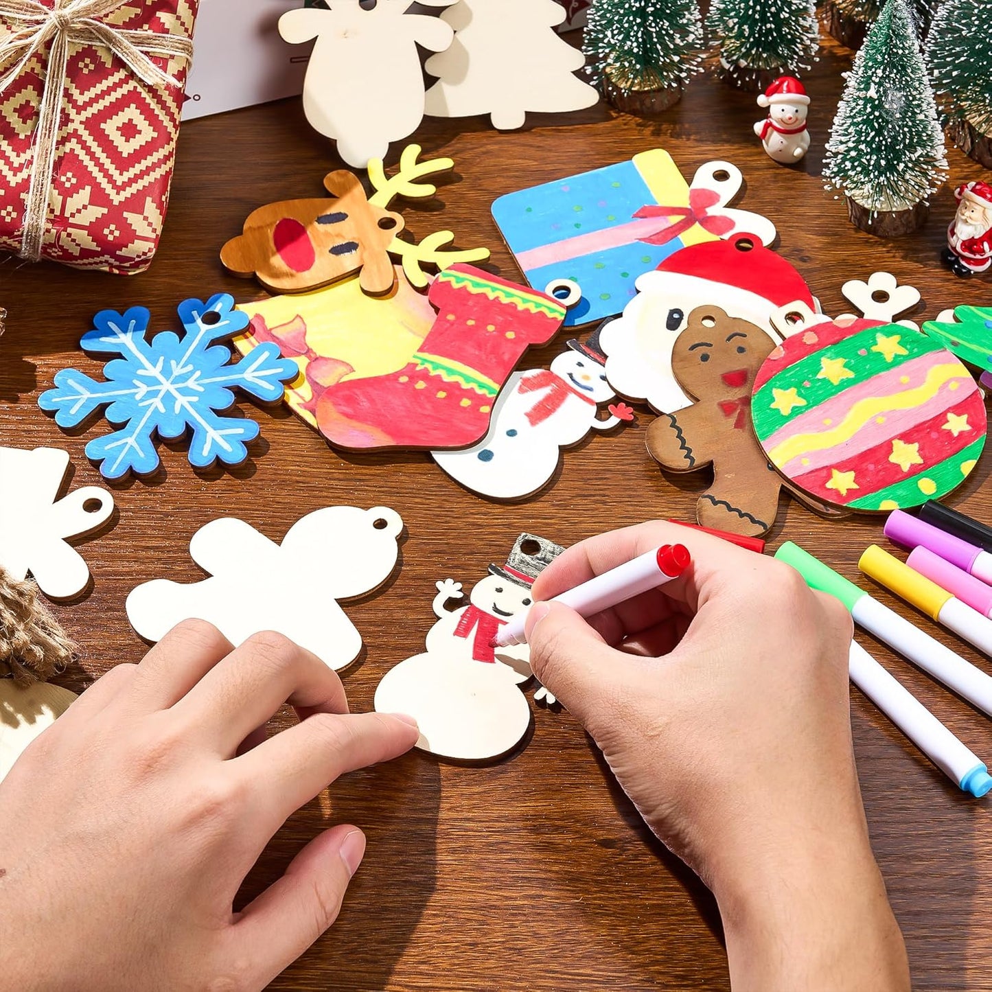 JOYIN Christmas Wooden Ornaments Craft Kit - 100 Unfinished DIY Ornaments with 8 Watercolor Pens for Kids (Ages 8+)