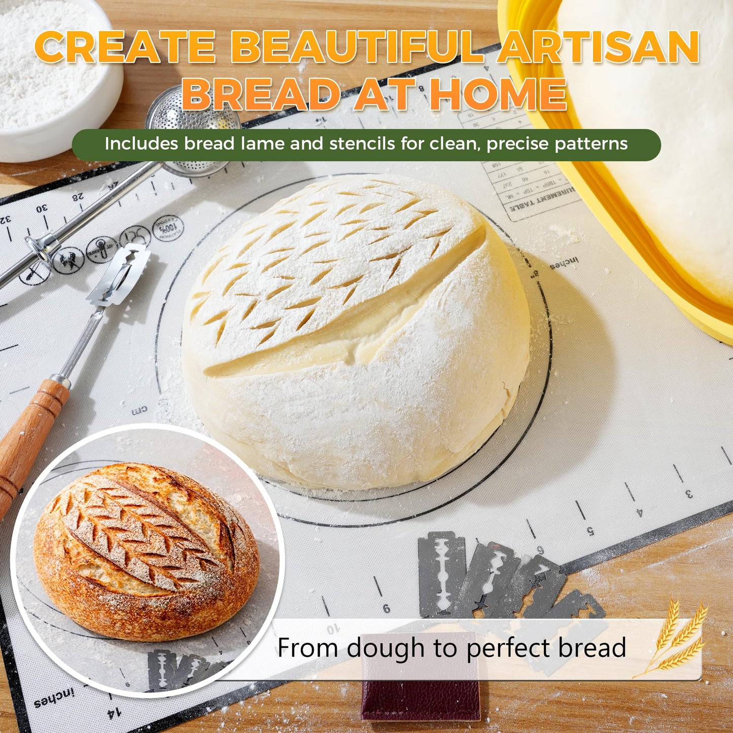 Sourdough Starter Kit for Beginners, 34 oz Starter Jar with Scale Marking, 2 Silicone Proofing Baskets, Complete Bread Baking Kit with Guide & Recipes, Easy to Use & Clean - Yellow