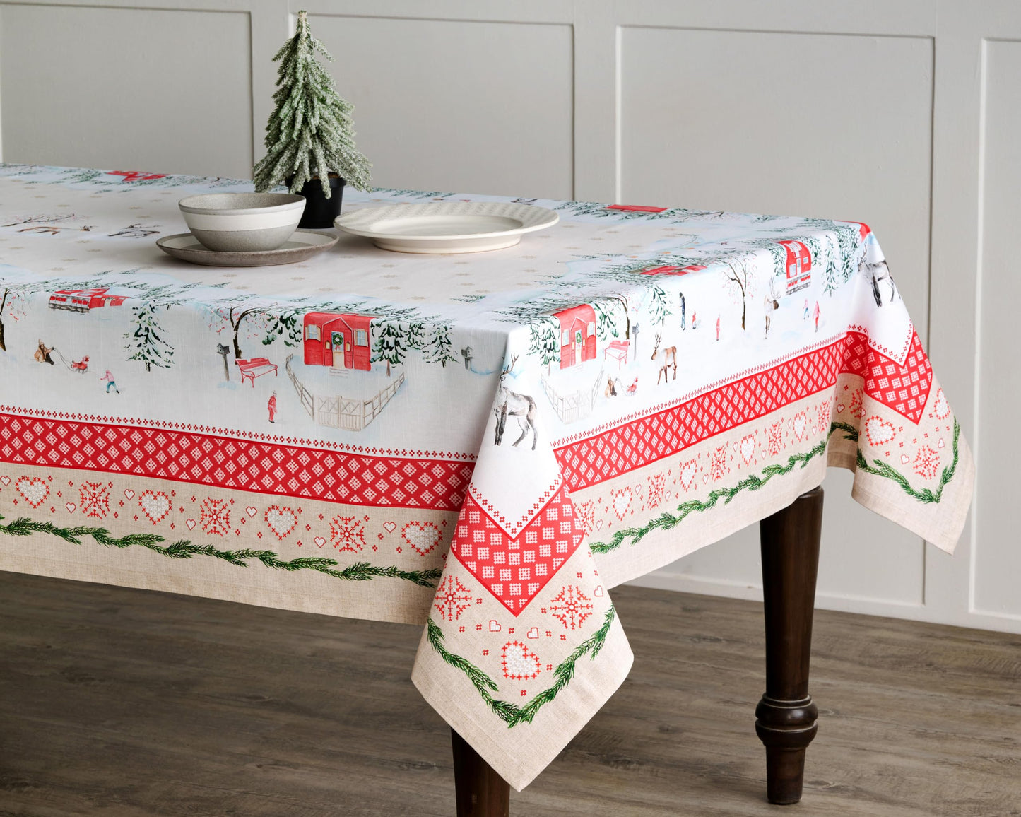 Maison d' Hermine Table Cloth Rectangle Table 100% Cotton 60 x 90 Inches Fall Tablecloth Reusable Everyday Use for Thanksgiving Christmas Decorations Dining Farmhouse Party (Rural Christmas)