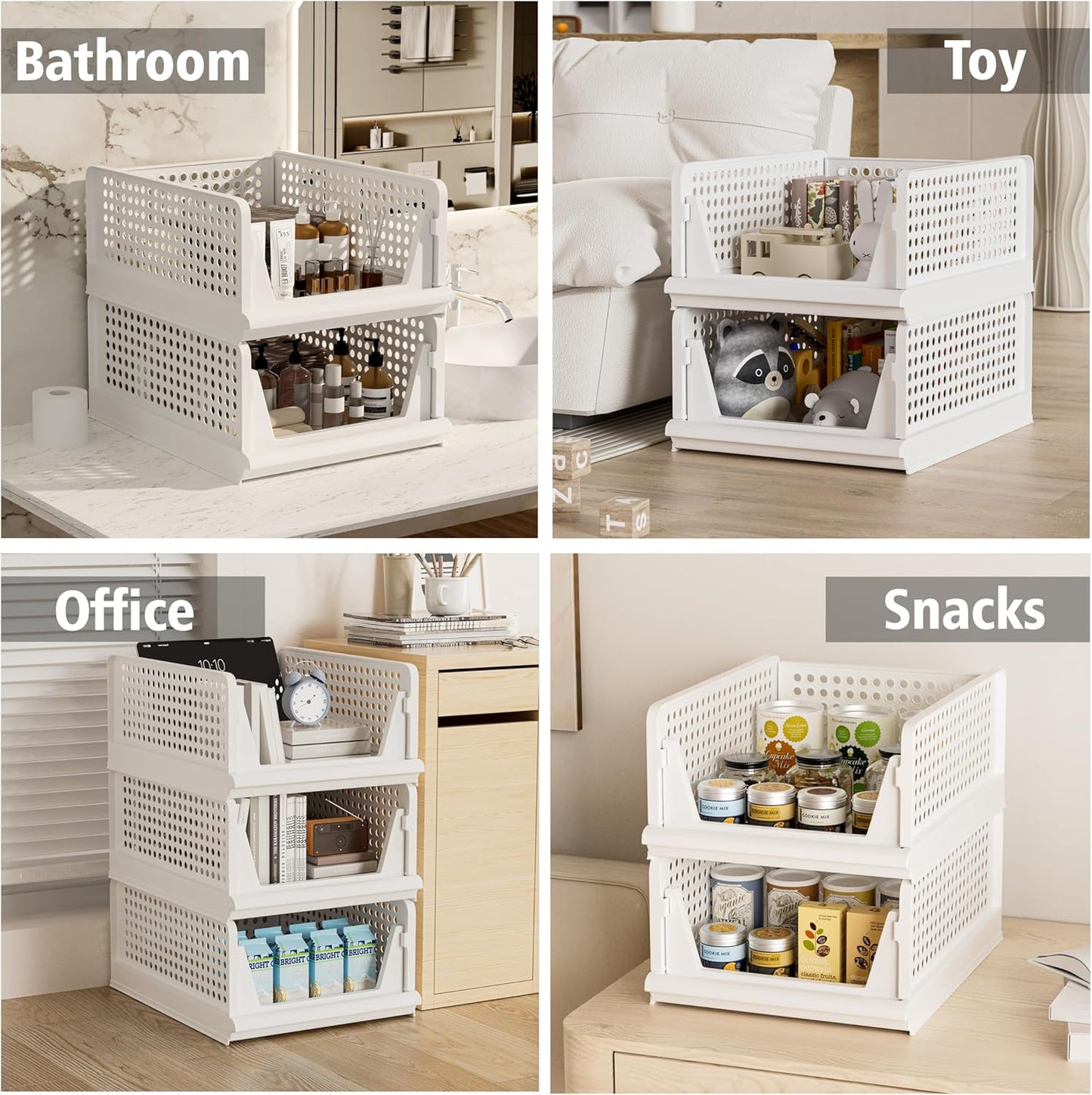 Proarea Stackable Storage Bins - 5 Pack Foldable Closet Organizers for Clothes | White Plastic Baskets