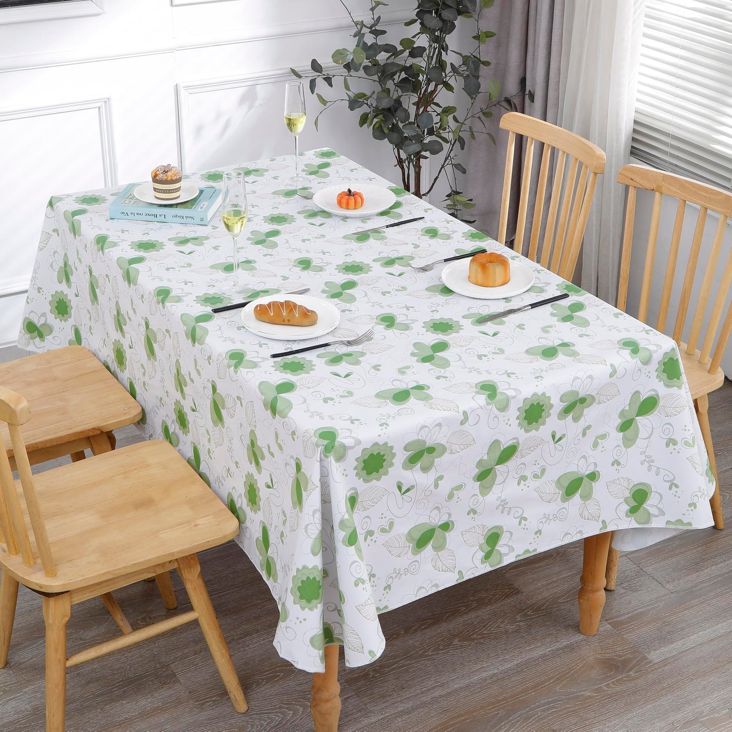 Heavy Duty Vinyl Tablecloth with Flannel Backing Waterproof Oil-Proof Plastic Table Cloth Stain-Resistant Wipeable Rectangle or Square Table Cover for Indoor and Outdoor (Floral and Leaf,60x84 Inch)