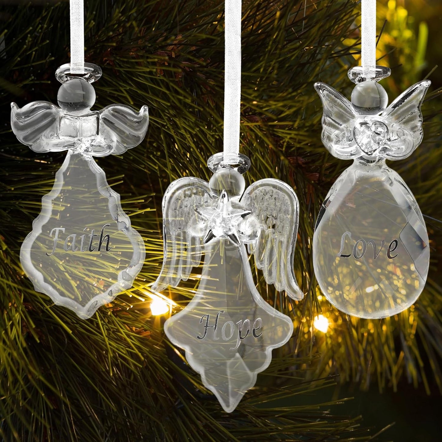Set of 3 Crystal Faith Hope Love Angel Ornaments for Christmas Decor - 3.5" H x 2" W