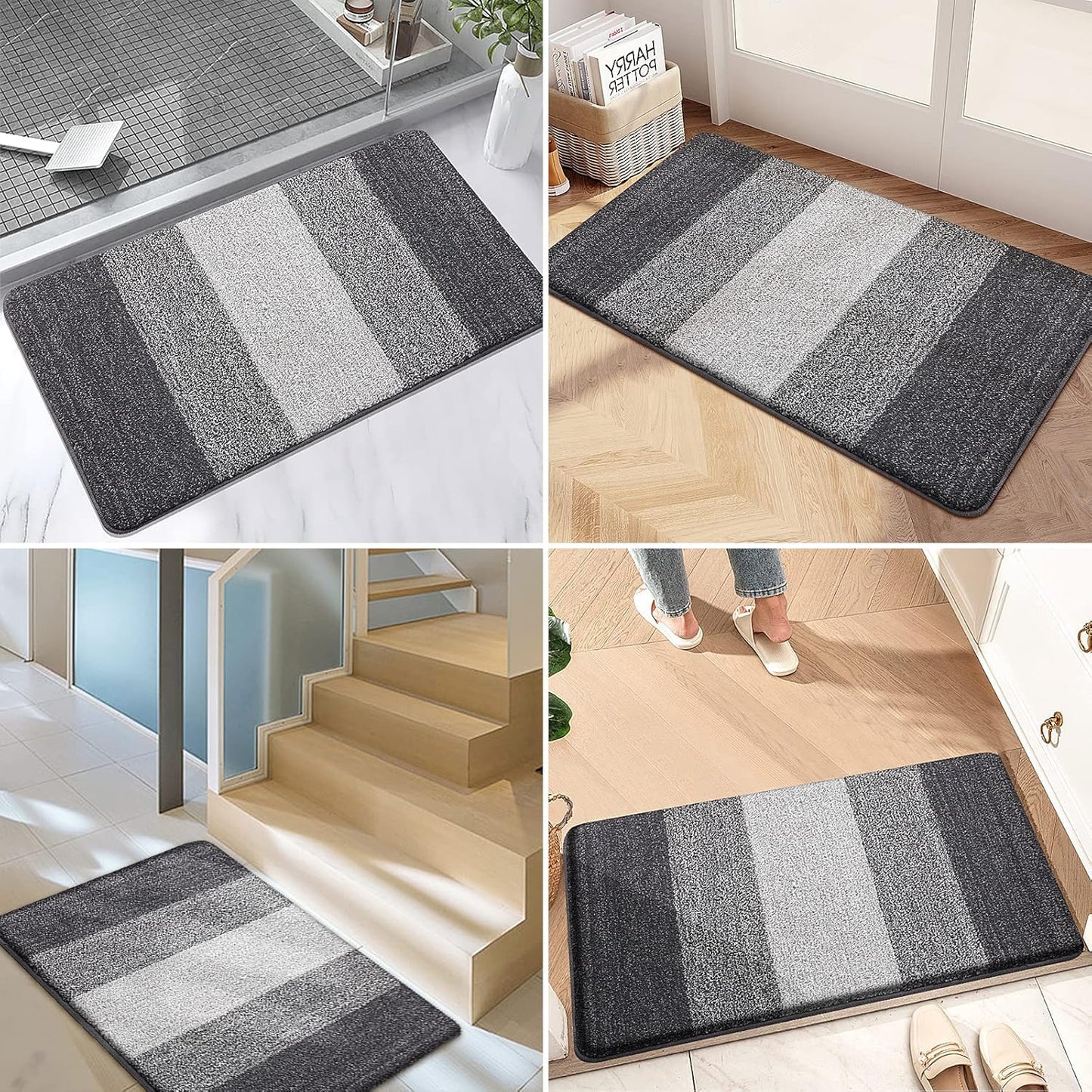 Kitinjoy Indoor Outdoor Door Mat - Non-Slip Absorbent Dirt Trapper | 30x17 Low-Profile Grey Doormat